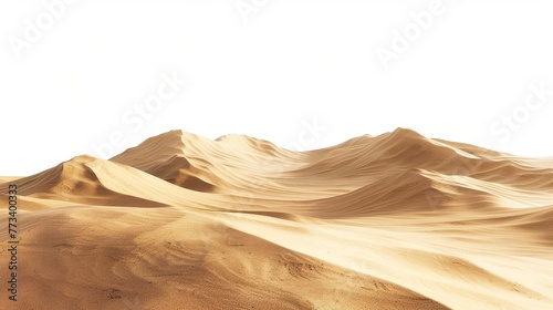 Realistic sand dunes in a vast desert landscape, isolated on white background, 3D rendering
