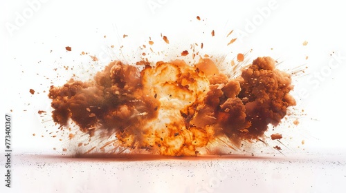 Fiery explosion with debris bursting outward, isolated on white background, dramatic action shot
