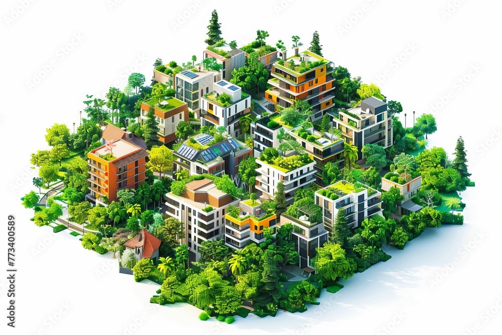 Sustainable isometric city with lush green trees and eco-friendly architecture, 3D render on white