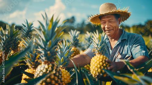 Man harvesting pineapples in a field