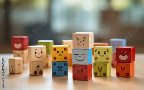 A whimsical gathering of wooden blocks with quirky hand-painted faces, each character exuding its own charm and personality
