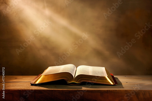 Une bible avec la tranche dorée ouverte par le milieu posée sur une table sous un faisceau de lumière. photo