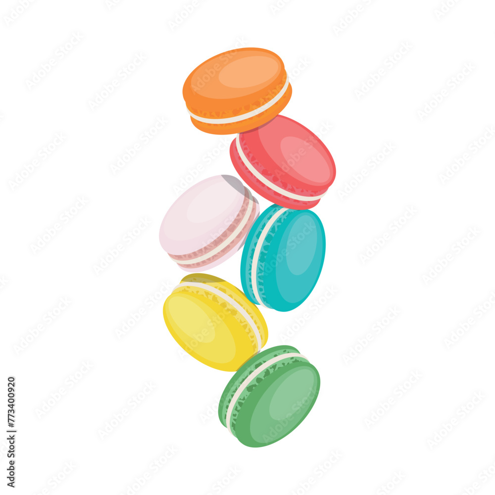 Flat illustration of flying sweet macaroni on white background. Flat illustration of flying sweet macaroni on white background.