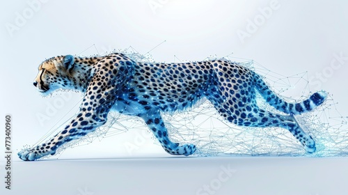 On a blue background, an abstract cheetah runs with lines and triangles. Illustration modern. photo