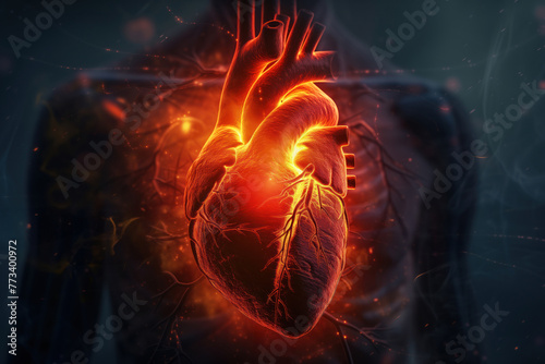 Anatomy of an inflamed heart illustrated in 3D AI Generative photo