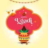 Happy Ugadi Greeting Background Design Template with pooja Kalash 