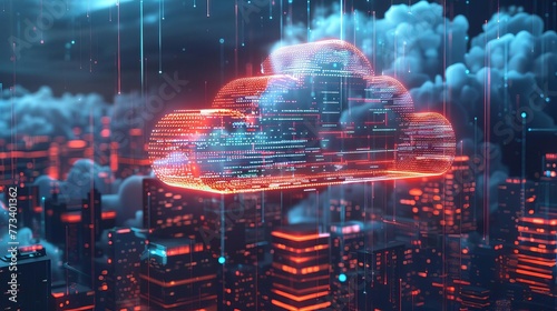 Futuristic cloud computing concept with big data transfer and digital storage, transforming the internet landscape, 3D illustration