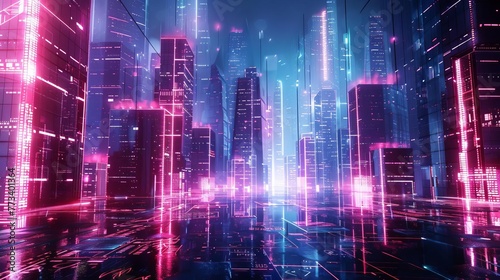 Futuristic cityscape with glowing neon lights and holographic displays  digital art