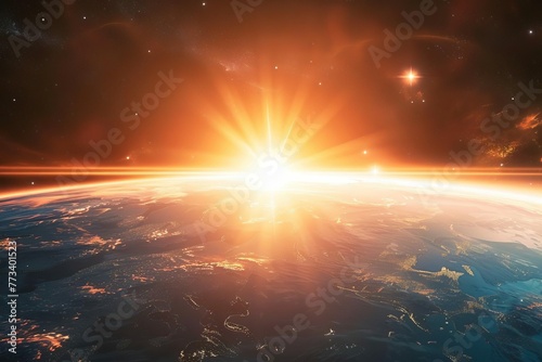 Sunrise over Earth viewed from space, beautiful planet and star in universe, 3D illustration