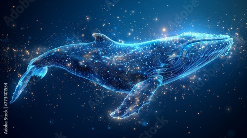 Whale eating Bitcoin, cryptocurrency. Simple geometric wireframe design. Abstract geometric wireframe light connection structure. Modern illustration.