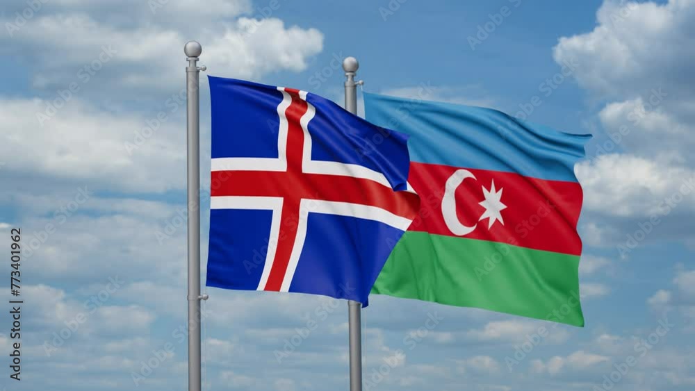 Azerbaijan and Iceland two flags waving together, looped video, two country cooperation concept