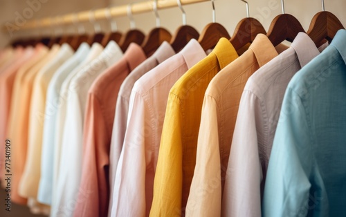 A row of colorful shirts hanging on a sleek metal rack