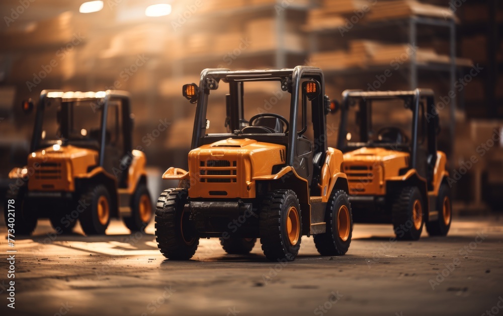A group of small yellow tractors sit neatly parked inside a spacious warehouse