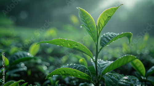 A tea plant with dew drops on its leaves.