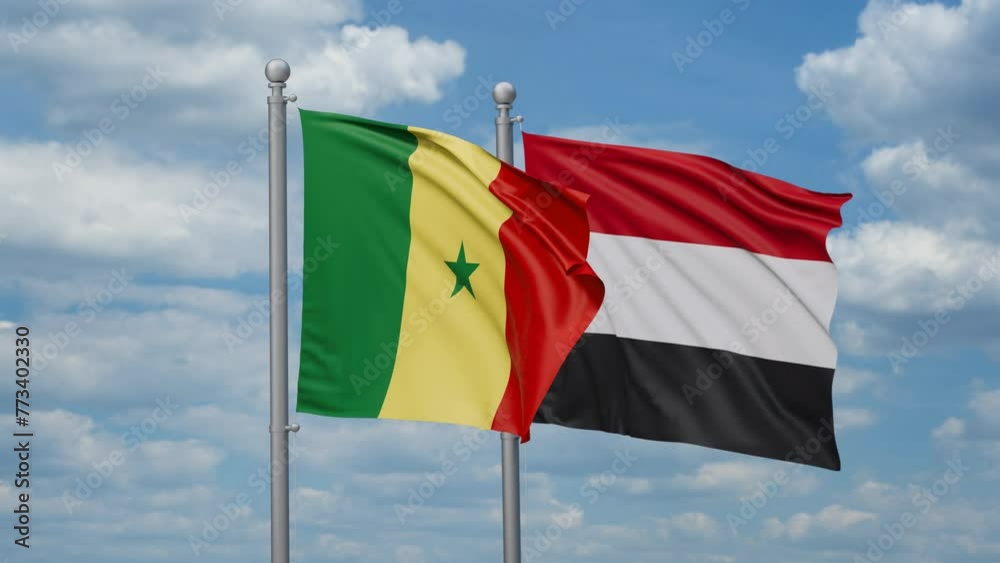 Yemen and Senegal two flags waving together, looped video, two country cooperation concept Yemen and Senegal two flags waving together, looped video, two country cooperation concept