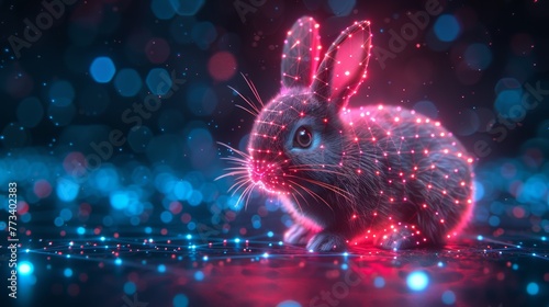 Bunny with Easter eggs. Futuristic technology concept in dark and blue light. Modern illustration.