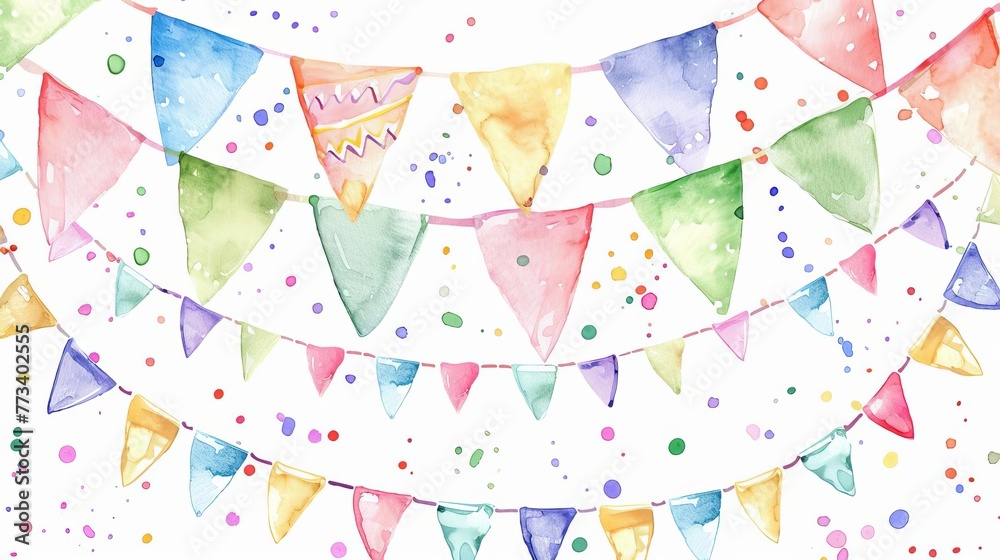 Naklejka premium Happy Birthday watercolor garland with carnival flags, cute pastel celebration illustration