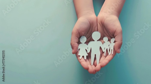 Hands holding heart-shaped paper cutout of family, concept illustration for foster care and support