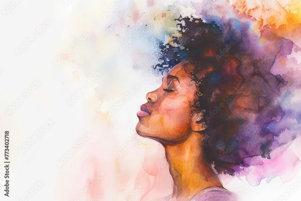 Stunning African American woman praying, side profile view, watercolor painting with copy space