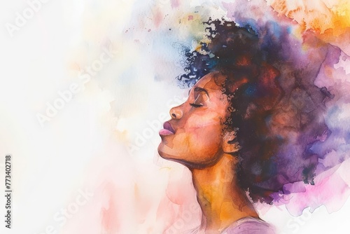 Stunning African American woman praying, side profile view, watercolor painting with copy space