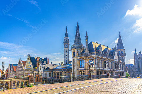 Ghent cityscape, Saint Michael's Bridge Sint-Michielsbrug and Old Post Office building with clock tower in Ghent historic city center Gent old town, East Flanders province, Flemish Region, Belgium