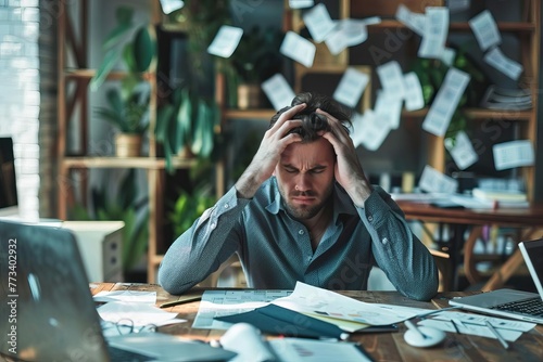 Stressed businessman amidst messy papers at chaotic office desk facing burnout and financial challenges photo
