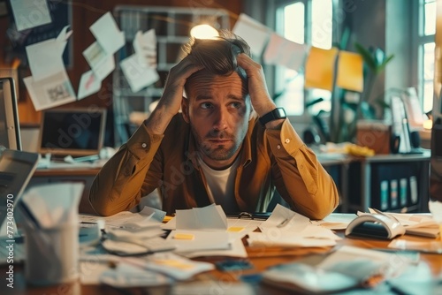 Stressed businessman amidst messy papers at chaotic office desk facing burnout and financial challenges photo