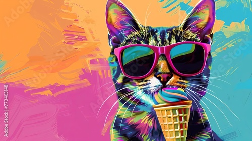Humorous summer vacation pet portrait of cat wearing sunglasses and eating ice cream cone  colorful pop art style digital painting