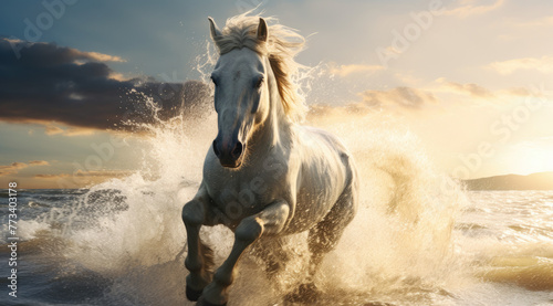Gorgeous picture of beautiful white and brown horses racing into the sunset on the beach towards the calm sea. On the beach in orange light  sunset.