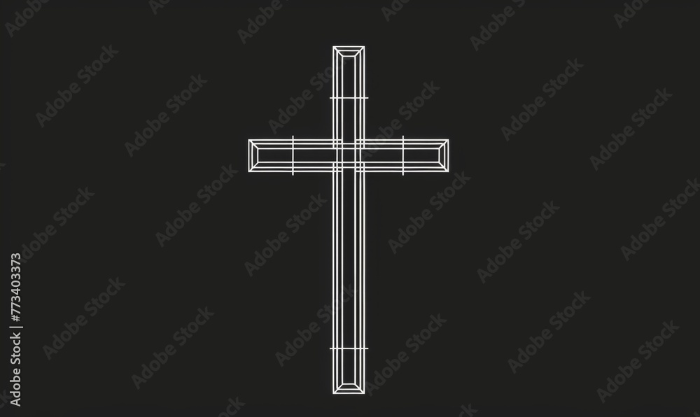 A simple white line drawing of the cross on a black background Generative AI