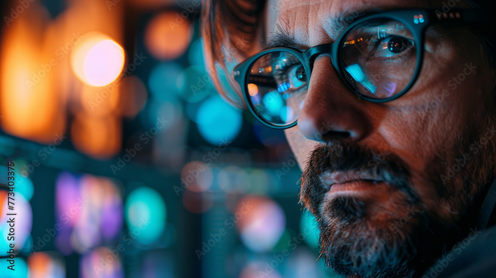 Close-up of a man with glasses, screens reflected in lenses