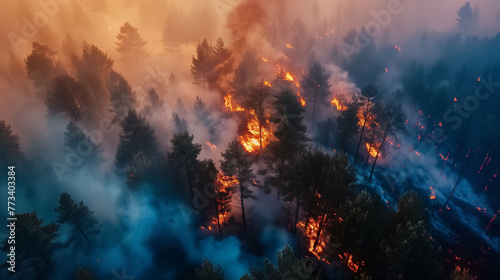 Twilight Glow Over Forest Wildfire Disaster photo