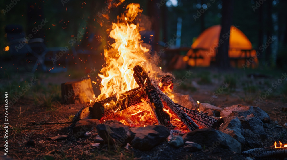 Campfire in Forest Campsite at Night Campfire in Forest Campsite at Night