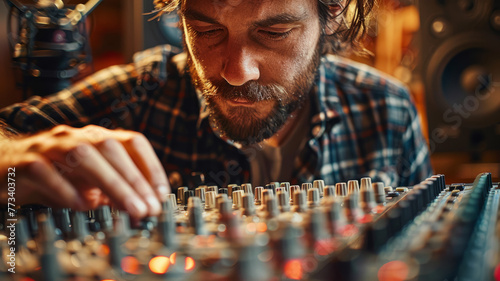 Man adjusting controls on a mixing console