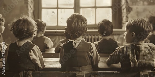 Antique photo of school children in a classroom from the 1920s with a vintage aesthetic and film grain. Concept Vintage Photography, 1920s Era, Antique Classroom, School Children, Film Grain photo