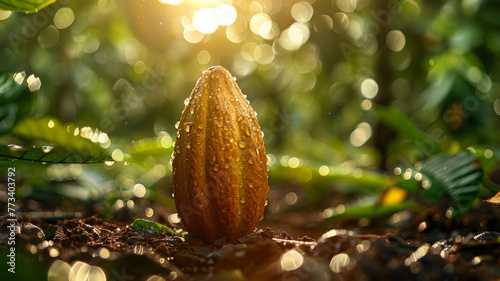 A wet cacao pod in sunlight