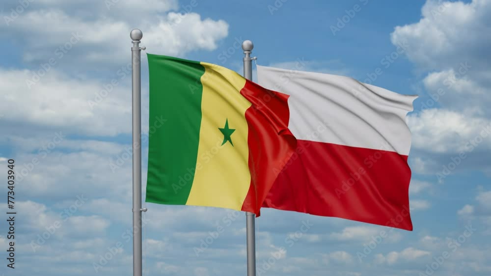 Poland and Senegal two flags waving together, looped video, two country cooperation concept Poland and Senegal two flags waving together, looped video, two country cooperation concept