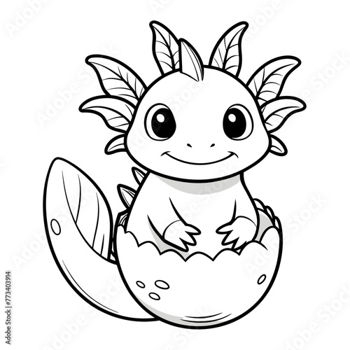 Vector baby axolotl, ambystoma mexicanum coloring book page for kids, cute, black and white cartoon baby axolotl hatching from an egg, white background	