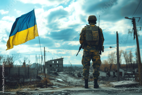 During liberation from russian invasion, Ukrainian soldiers pose next to flag of Ukraine AI Generative