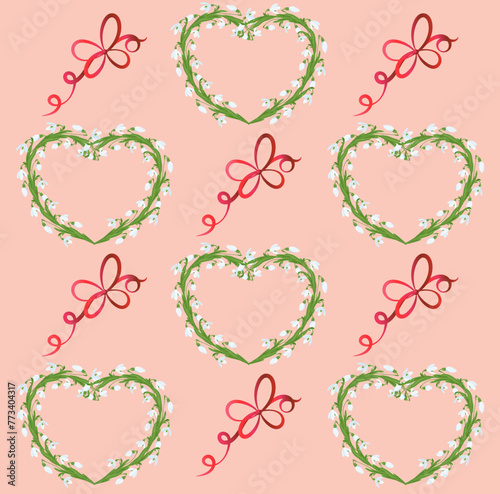 Spring pattern of snowdrops and bows. Snowdrops are decorated in hearts. Spring composition of snowdrops. Spring flowers. Vector illustration on a soft pink background.