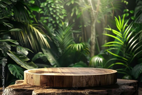 Tropical wooden podium with lush green forest background  ideal for product presentation  digital illustration