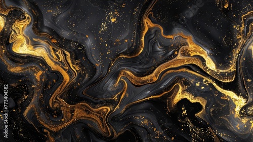 Liquid black and gold marble texture with luxurious fluid patterns, abstract 3D illustration