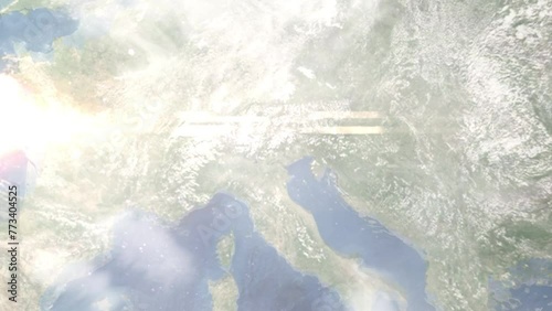 Zoom in from space and focus on Bassano del Grappa, Italy. 3D Animation. Background for travel intro. Elements of this image furnished by NASA
