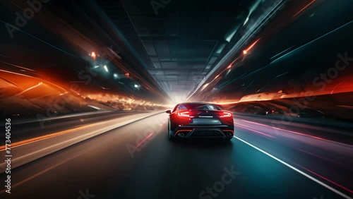 Car on the road with motion blur background. Concept of speed, Underground tunnel with moving cars at night. View from below, AI Generated photo