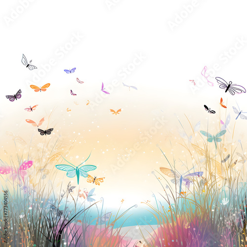 a field of butterflies and butterflies with a sky background