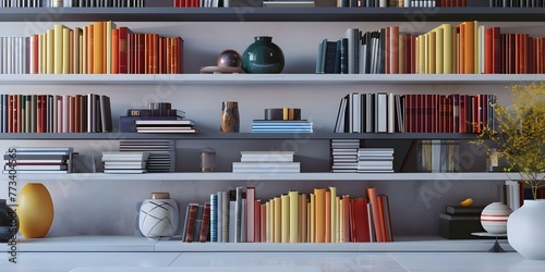 3D rendering of a modern library bookshelf with various books celebrating World Book Day and International Education Day. Concept 3D Rendering, Modern Library Bookshelf, World Book Day Celebration