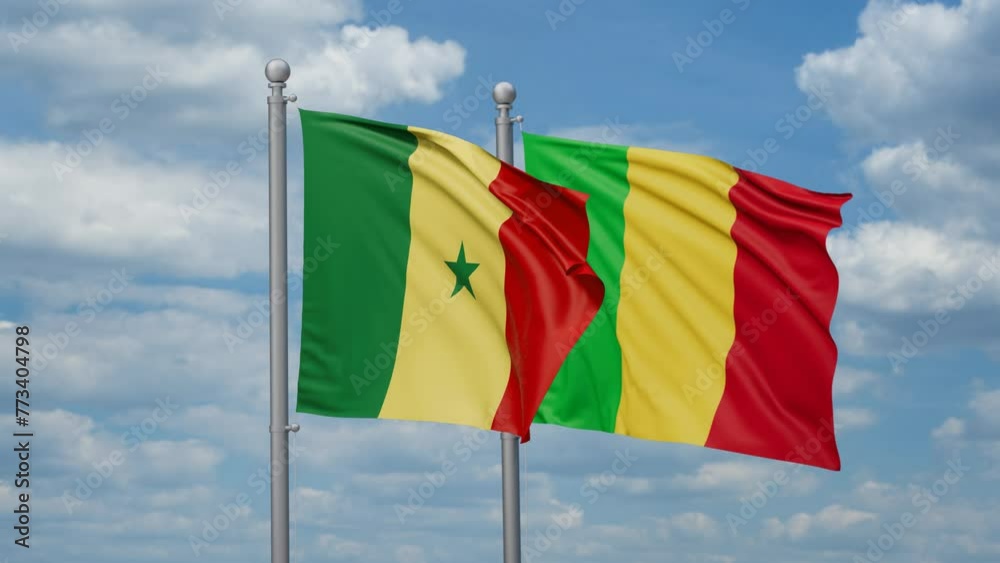 Mali and Senegal flags waving together, looped video, two country relations concept Mali and Senegal flags waving together, looped video, two country relations concept