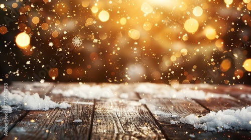 Luxurious golden bokeh and sparkling snow create a festive Christmas background  with a wooden table for product display