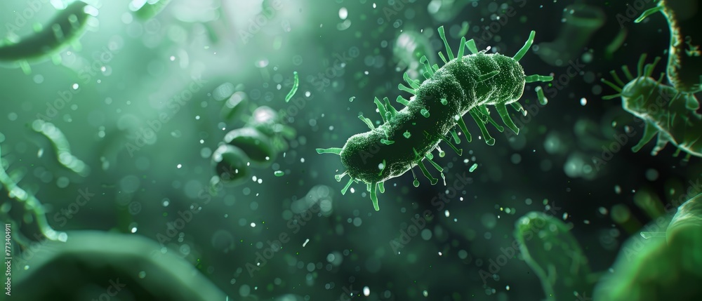 close up of 3d microscopic green bacteria. Banner concept with green viruses under a microscope. Macroscopic observation of organisms bacteria under laboratory microscope. Generative ai - obrazy, fototapety, plakaty 