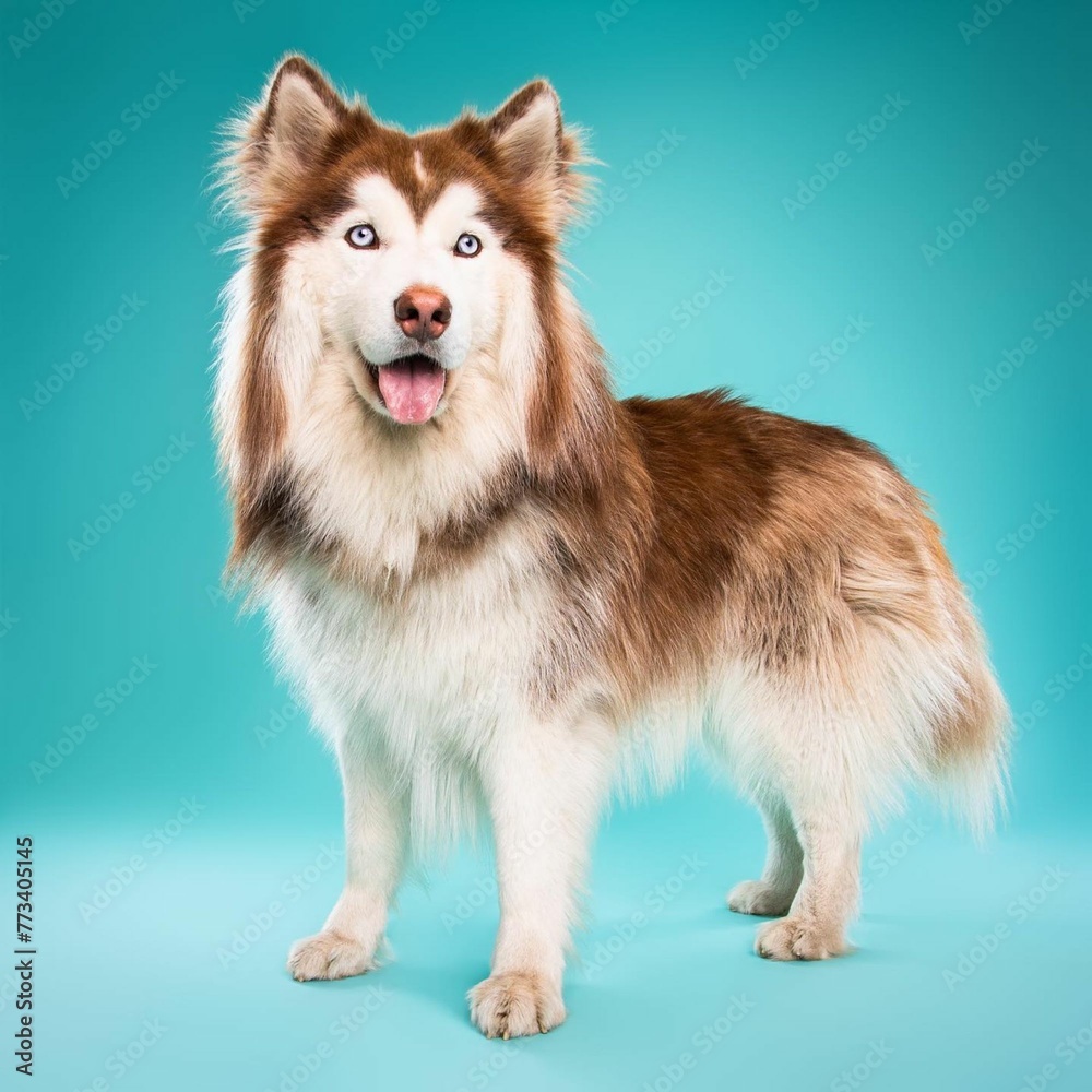 
Beautiful husky dog isolated on turquoise background. looking at camera .front view.dog studio portrait.
happy dog .dog isolated .puppy isolated .puppy closeup face,indoors.cute puppy isolated .
